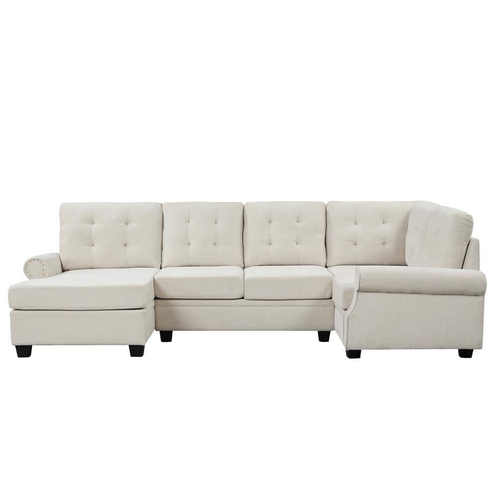 Polibi 120.00 in. Round Arm Linen U-Shaped Sectional Sofa in. Beige MB ...