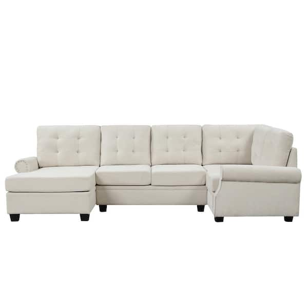 Polibi 120.00 in. Round Arm Linen U-Shaped Sectional Sofa in. Beige MB ...