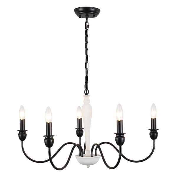 5-Light Black/Vintage White Classic Farmhouse Candle Style Chandelier for Living Room Bedroom with No Bulbs Included