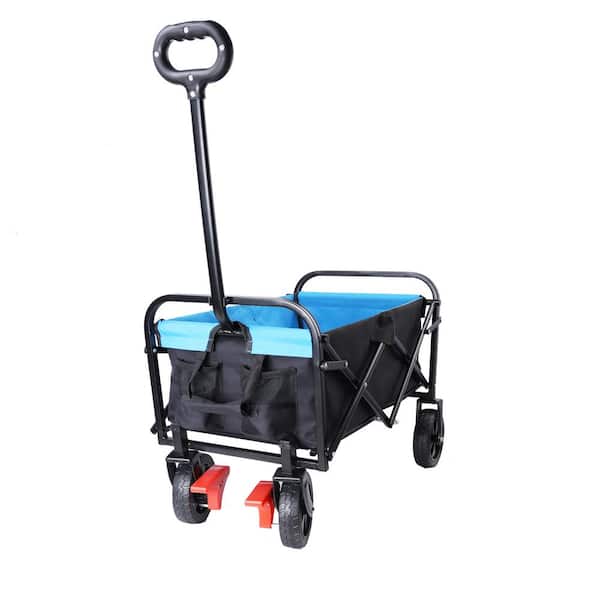 Zeus & Ruta 2 cu. ft. Black and Blue Fabric Wagon Cart Garden Cart with Wheels and Adjustable Handle for Garden, Beach