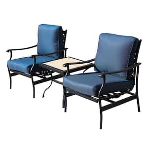 3-Piece Metal Rocking Square Outdoor Bistro Set with Blue Cushion