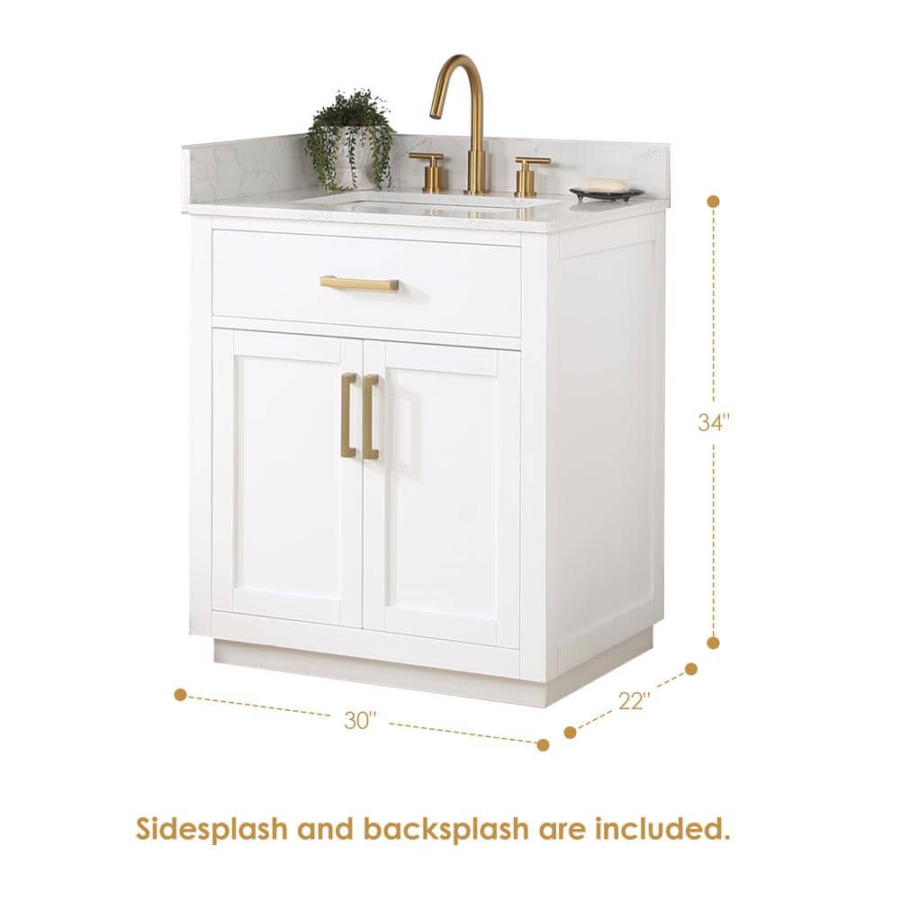 Gavino 30" White Solid Wood Bathroom Vanity with Gold Hardware