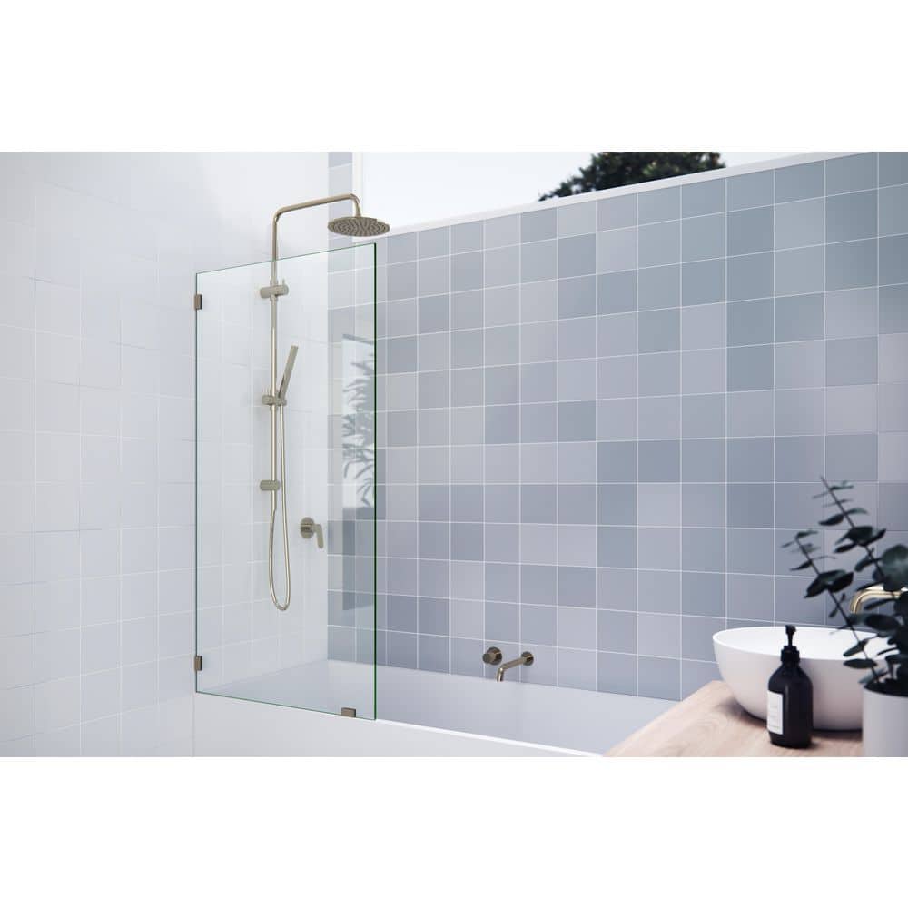 Vela 29.5 in. W x 58.25 in. H Frameless Fixed Panel Tub Door in Polished Brass with Clear Glass price history on PriceWatchPro