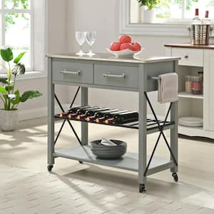 Aurora Farmhouse Gray Rolling Kitchen Cart with Stainless Steel Top