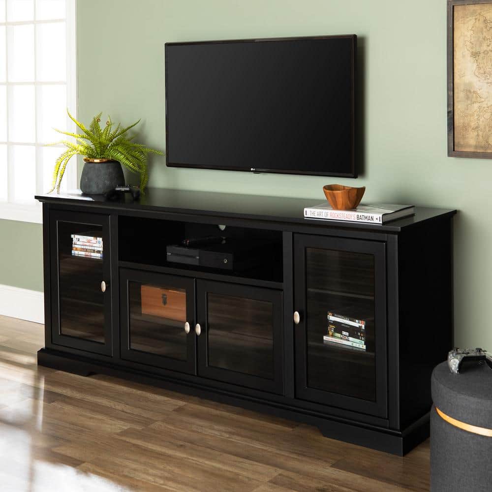 Matte Black 70-Inch TV Stand with Glass Cabinets