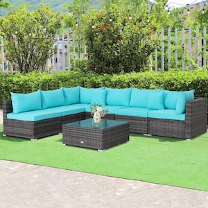 7-Piece Outdoor Wicker Patio Conversation Set with Turquoise Cushions and Pillows