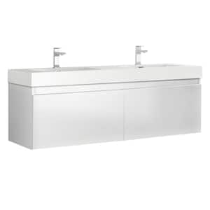 Mezzo 60 in. Modern Wall Hung Bath Vanity in White with Double Vanity Top in White with White Basins
