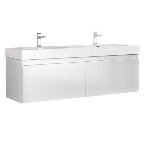 Fresca Mezzo 60 in. Modern Wall Hung Bath Vanity in White with Double Vanity Top in White with White Basins