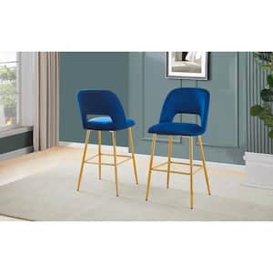 Moy 29 in. Navy Blue High Back Metal Frame Bar Stool With Velvet Fabric And Gold Chrome Legs (Set of 2)