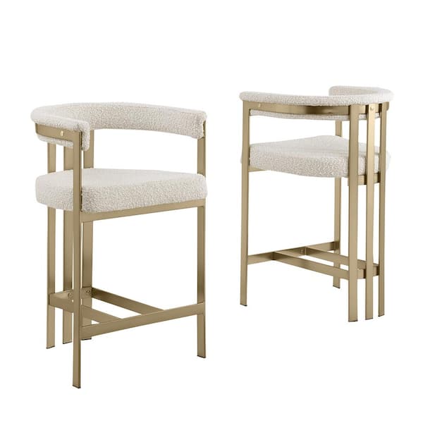 Best Quality Furniture Reba 26 in. Cream Color Low Back Metal Frame Matte Brushed Gold Chrome Base Counter Stool With Boucle Fabric Set of 2