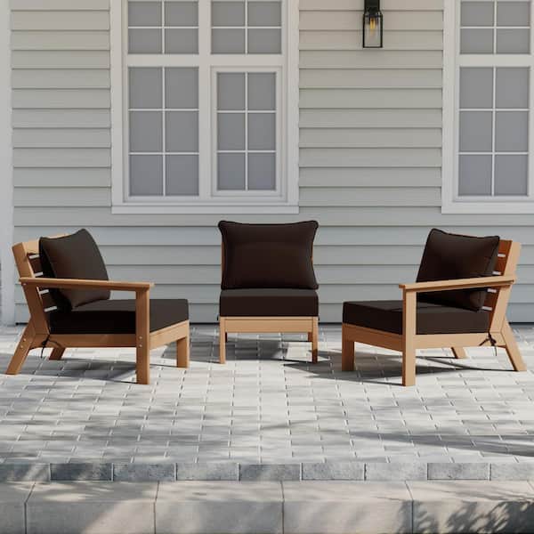 Birchwood Teak Arrangeable Outdoor Patio 3-Piece Deep Seating HDPE Sofa Arm Chair Set w/ Brown Cushions
