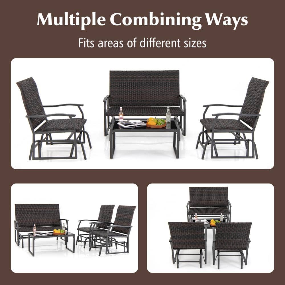 Mix Brown PE Rattan 4-Piece Patio Gliding Set with Tempered Glass Coffee Table