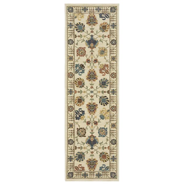 AVERLEY HOME Fleetwood Ivory/Multi-Colored 2 ft. x 8 ft. Oriental Floral Polypropylene Fringe Edge Indoor Runner Area Rug