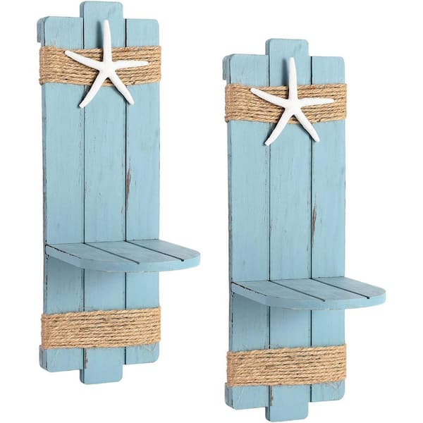 Blue Wood Wall Candle Sconces Set Coastal Farmhouse Wall Decor 2 Piece Ocean Themed Nautical Accent