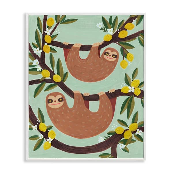 Stupell Industries Sloths on Lemon Tree Branches by Irene Chan White Framed Animal Giclee Art Print 20 in. x 16 in.