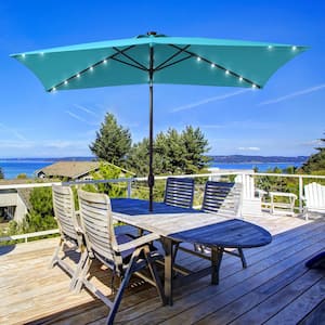 10 ft. x 6.5 ft. Solar LED Rectangle Market Aluminum Pole Patio Umbrellas w/ Solar Lights, Tilt Button in Turquoise Blue