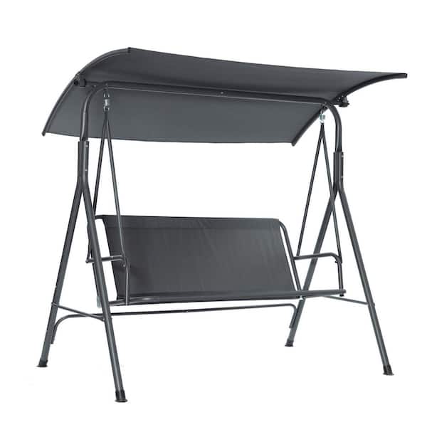Unbranded 3-Person Gray Patio Glider Swing Chair with Stand Porch Lawn Swing with Removable Cushion and Convertible Canopy