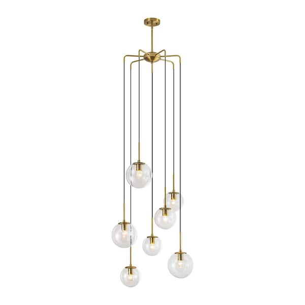 Cailum 7-Light Modern Linear Cluster Gold Pendant Light with Clear Glass Globe Bubble for Stairways