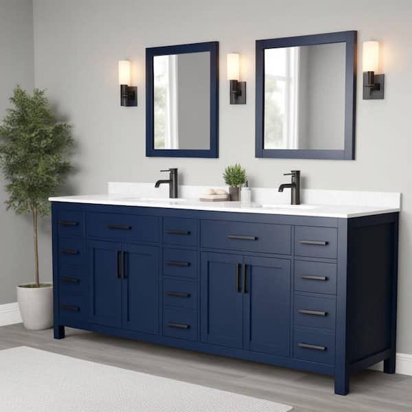 Beckett 84 in. W x 22 in. D x 35 in. H Double Sink Bathroom Vanity in Dark Blue with Carrara Cultured Marble Top