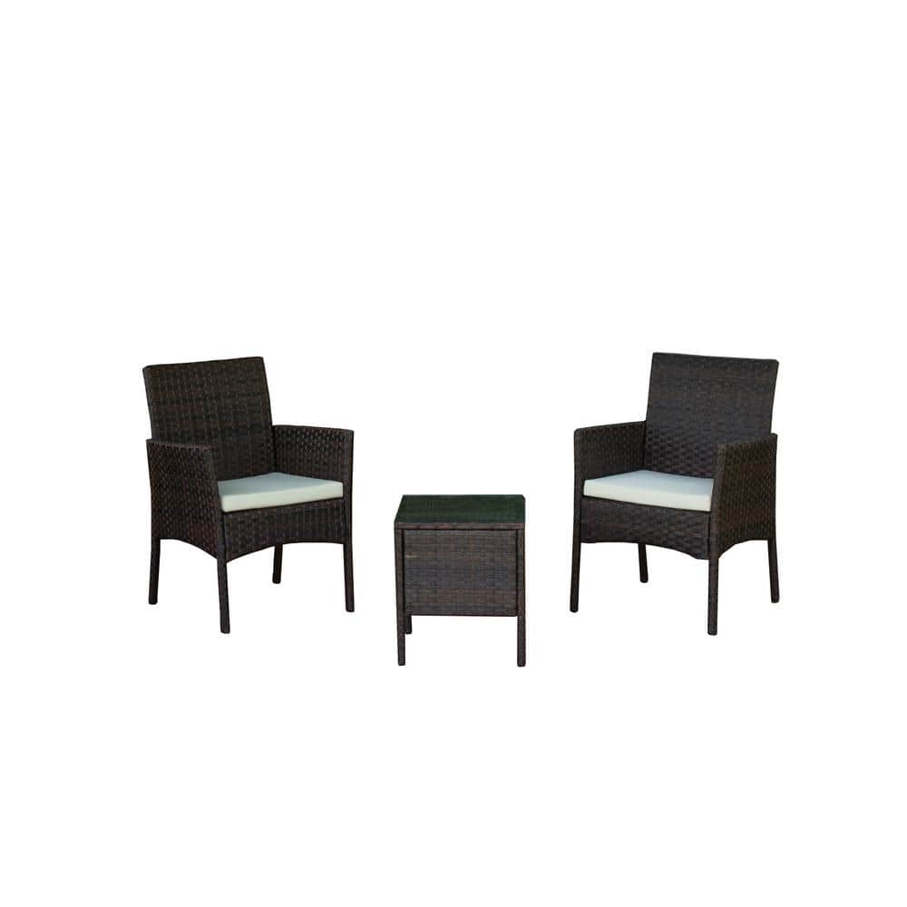 Modern Brown 3-Piece Wicker Patio Conversation Set with Beige Cushions