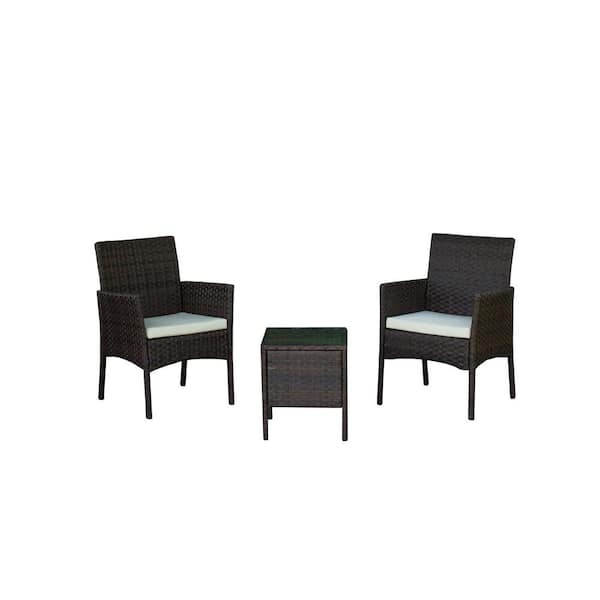 Unbranded Modern Brown 3-Piece Wicker Patio Conversation Set with Beige Cushions