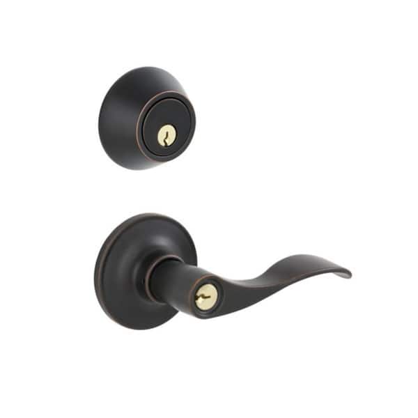 ESSENTIALS by Schlage Millstreet Aged Bronze Single Cylinder Deadbolt and Keyed Entry Door Handle Combo Pack