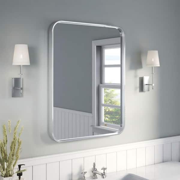 28 in. W x 36 in. H Rectangular Aluminum Framed Wall Bathroom Vanity Wall Mount Mirror in Silver