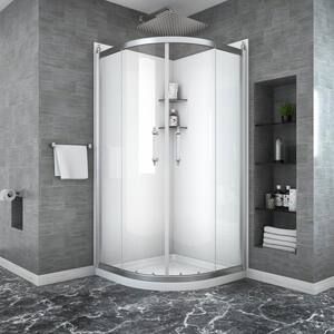 37 in. x 75 in. H Neo-Round Corner Sliding Door Semi-Frameless Fixed Shower Door Enclosure in Chrome with Clear Glass