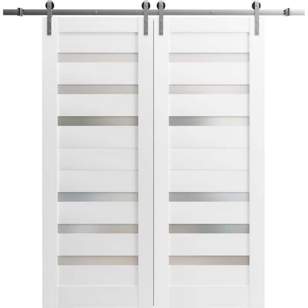 Sartodoors 28 in. x 80 in. 2 Panel Frosted Glass White Solid MDF Sliding Barn Door with Hardware Kit