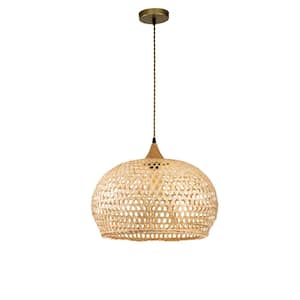 48-Watt 1 Light Natural Wood Color Dome Shape Height Adjustable Pendant Light with Rattan Shade, No Bulbs Included