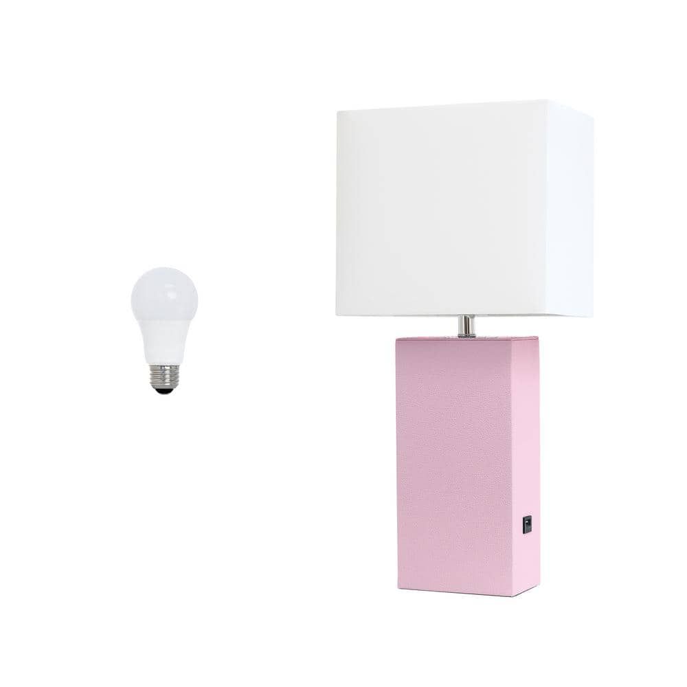 Lalia Home 21 in. Modern Leather Base Table Lamp for Living Room with USB Charging Port and Feit LED Bulb, Blush Pink