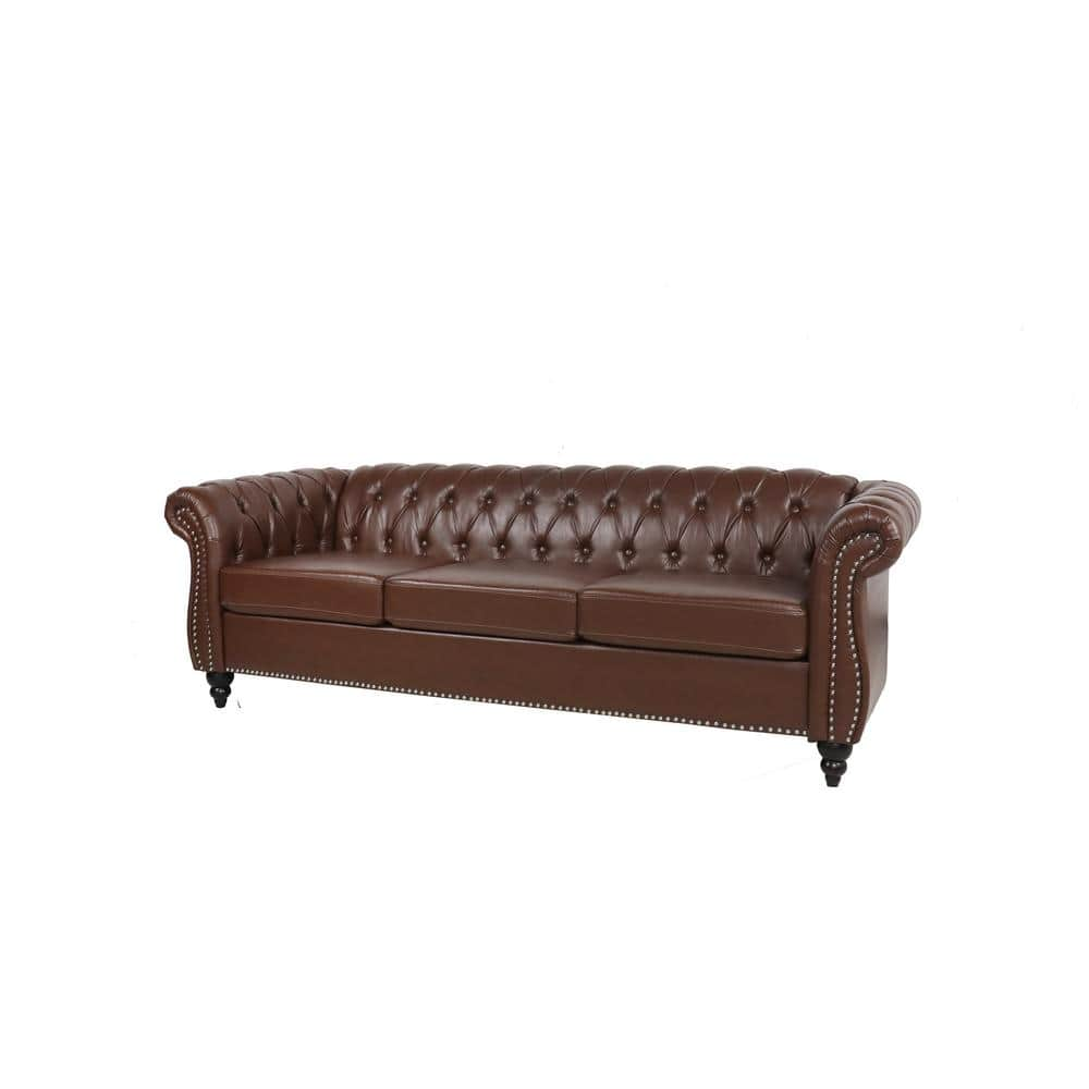 84 in. Wide Rolled Arm PU Leather Curved Sofa Seating 3-Seater Sofa with Reversible Cushions in Dark Brown -  sumyeg, SU-CH3534BN