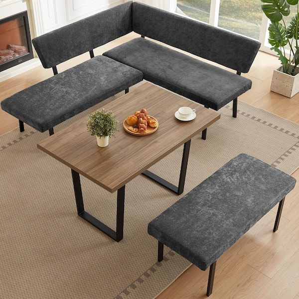 3-Piece Gray Dining Table Set 47.2 in. Rectangle Walnut Table with Corner Bench(Grey)