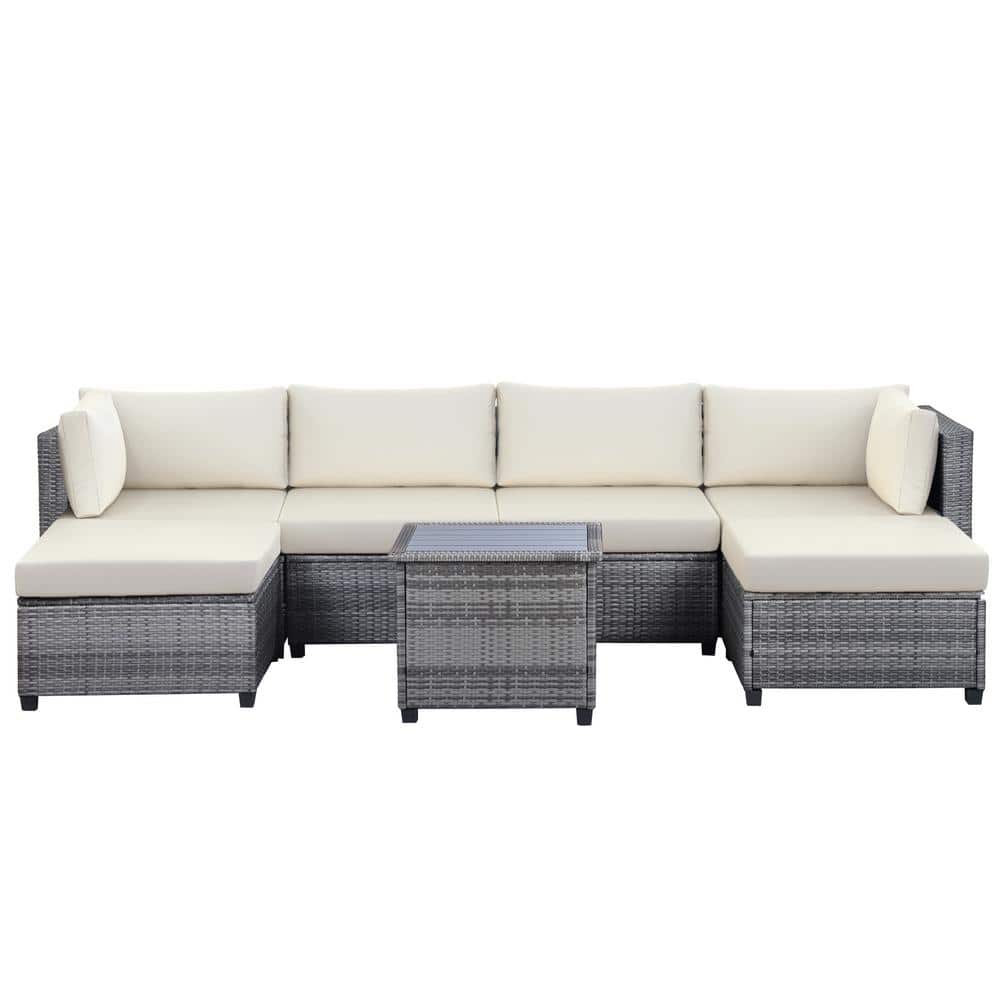 Outdoor 7-Piece Wicker Patio Conversation Set with Beige Cushions