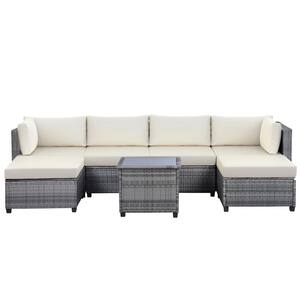 Gray 7-Piece Wicker Metal Fabric Outdoor Sectional Set with Beige Cushions