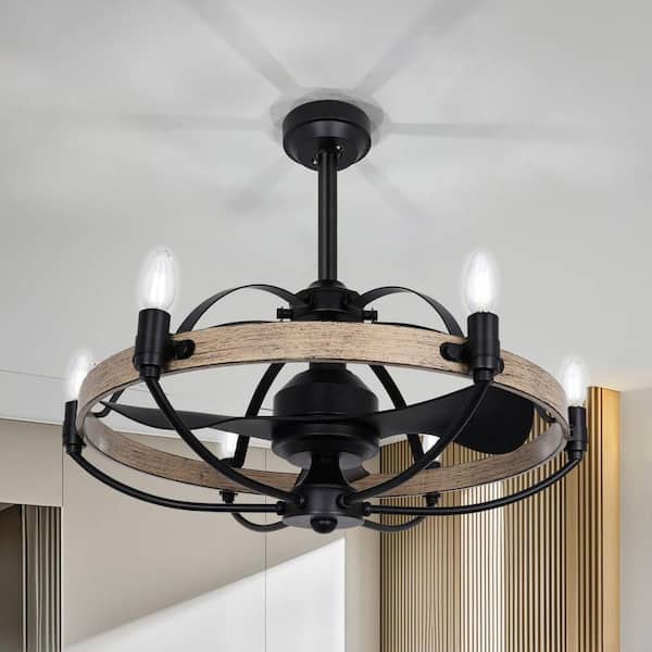 27 in. Light Wood Color Caged Downrod Mount Ceiling Fan with Lights,Dimmable Farmhouse Fandelier Fan with Remote and App