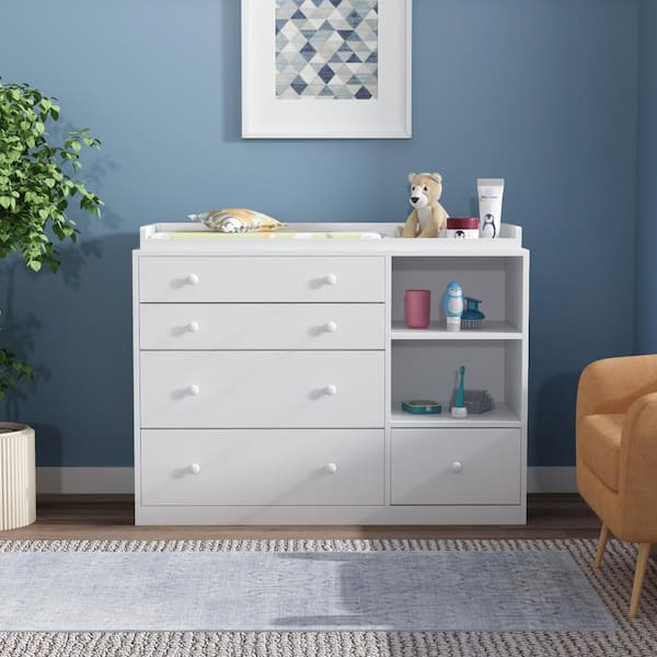5-Drawers White Wood Chest of Drawers Dresser Vanity Table Storage Cab