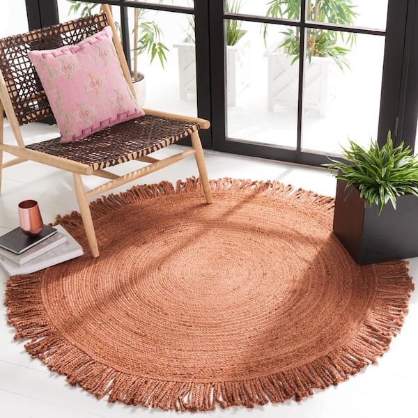 Braided Rust 5 ft. x 5 ft. Abstract Border Round Area Rug