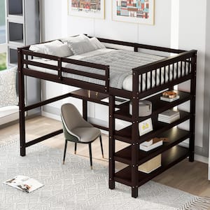 Full Size Loft Bed with Desk and Storage Shelves, Wood Loft Bed Frame with Guard Rail for Kids, Teens, Adults, Espresso