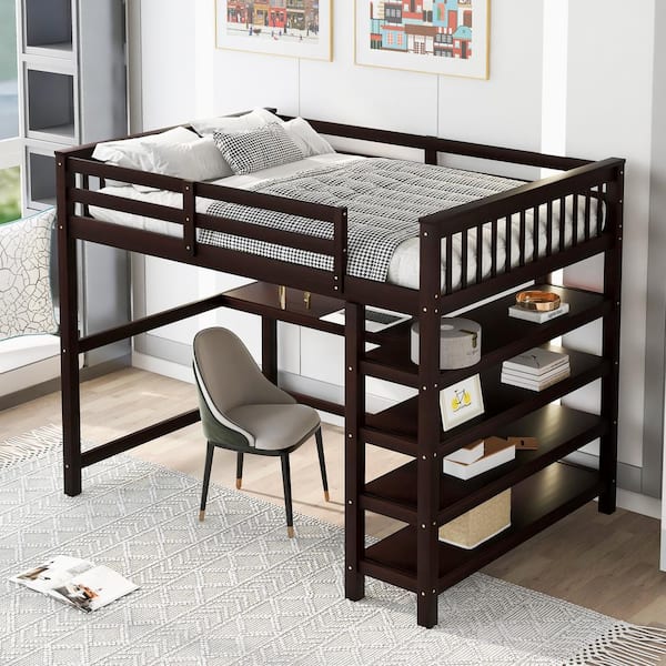 URTR Full Size Loft Bed with Desk and Storage Shelves, Wood Loft Bed Frame with Guard Rail for Kids, Teens, Adults, Espresso