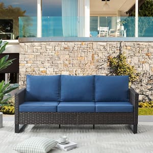 U-Shaped Foot 3-Seat Brown Wicker Outdoor Patio Couch with Blue Cushions