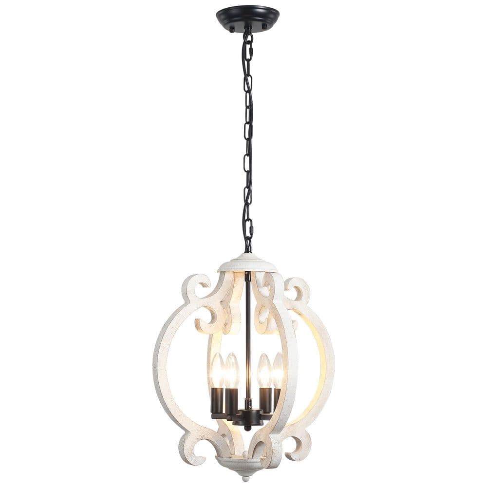 4-light Matte Black/Vintage White Lantern Chandelier With Wood Shade For Kitchen Island Foyer and NO Bulb Includes price history on PriceWatchPro