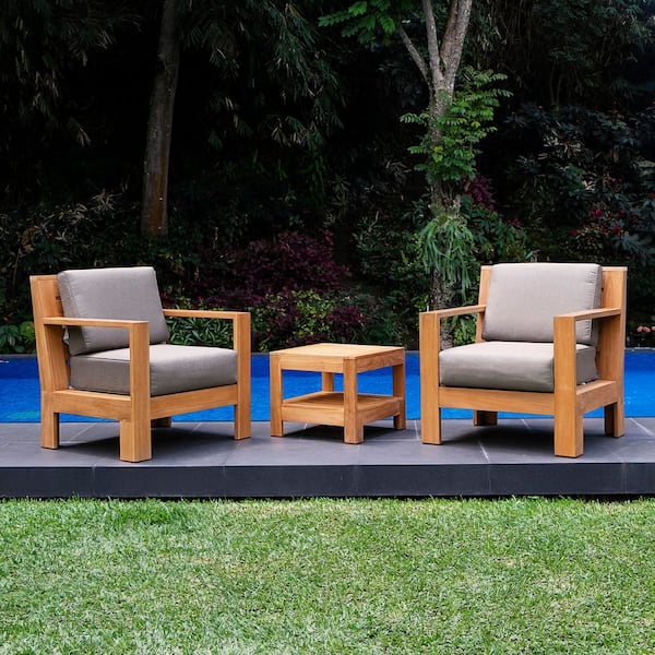 Largo 3-Piece Outdoor Teak Wood Patio Conversation Set with Gray Cushion
