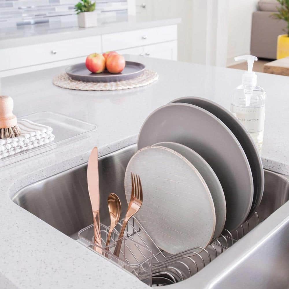 Compact Silver Metal Dish Drainer with Utensil Cup