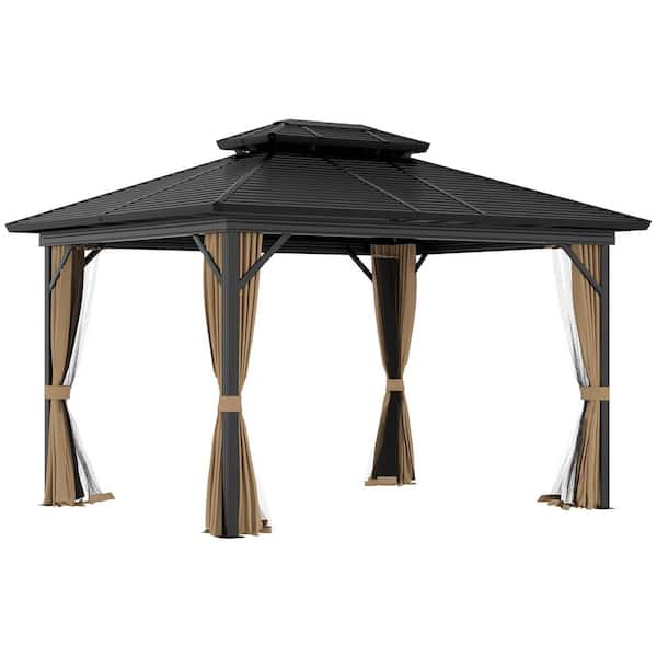 Outsunny 11.8 ft. x 9.7 ft. Hardtop Gazebo Canopy Brown Permanent Pavilion Outdoor