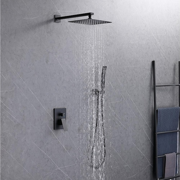 1-Spray 10 in. Square Rainfall Shower Head and Handheld Shower Head in Matte Black