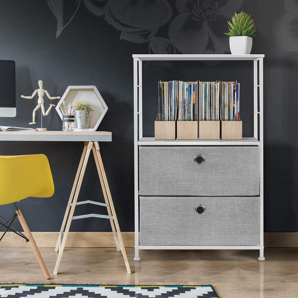 Sorbus White 34" Steel Frame Nursery Nightstand with Fabric Drawers