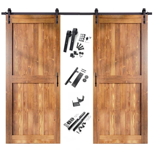 46 in. x 84 in. H-Frame Early American Double Pine Wood Interior Sliding Barn Door with Hardware Kit, Non-Bypass