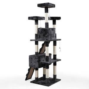 Multi-Level Cat Tree Tower House with Play Tunnel and Dangling Interactive Toy Grey With Paw Print