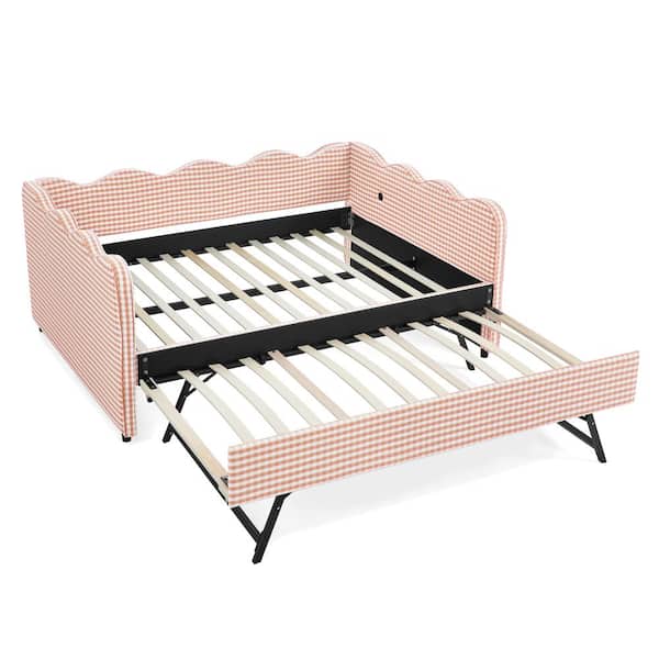 AP-Serenity Gingham Daybed with Adjustable Trundle & USB Port, Wave-Shaped Full Size Sofa Bed, Pink